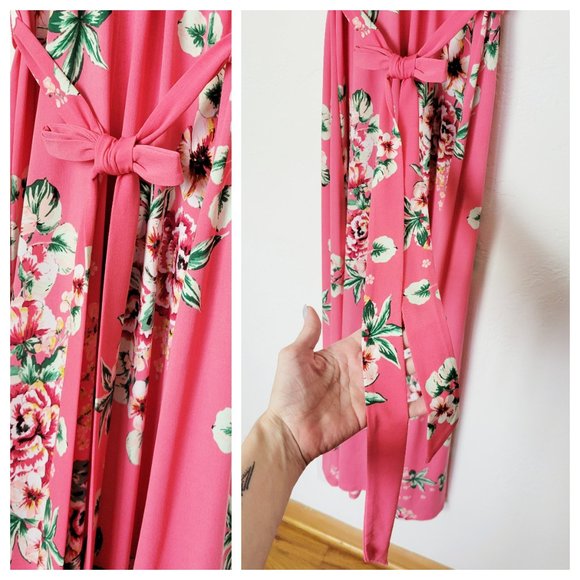 !!SOLD!! New York & Company Pink Floral Belted Maxi Dress w Kimono Style Sleeves - Picture 4 of 16